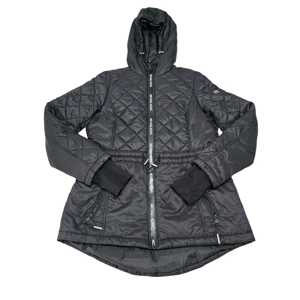 Michael Kors Womens Black Quilted Hooded Puffer‎ Jacket Logo Zip Medium 4758